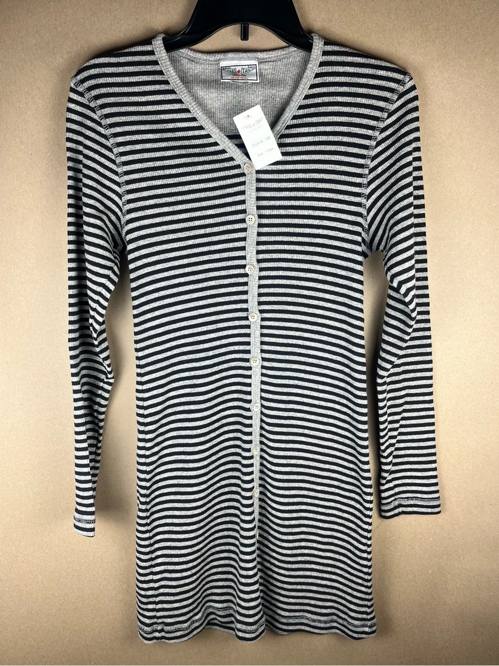 NWT Hard Tail Forever Ribbed Striped Long Sleeve  Button Top Size 1 Gray Black